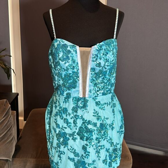 Women’s Blue Mermaid Fit Prom Party Dress Sparkly Sequins Leg Slit Size 12 - Picture 3 of 12